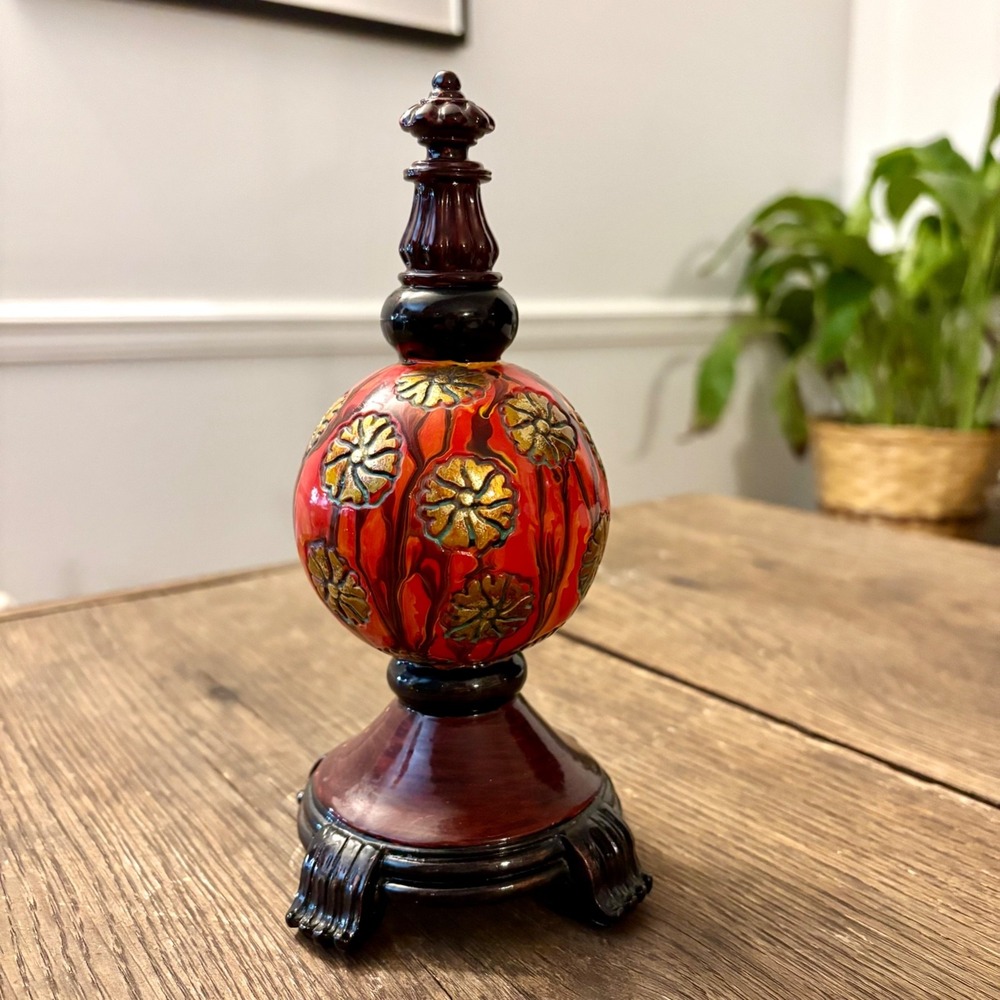 Red Chinoiserie Topiary Ceramic Sphere Tower Home Decor Hand-Painted